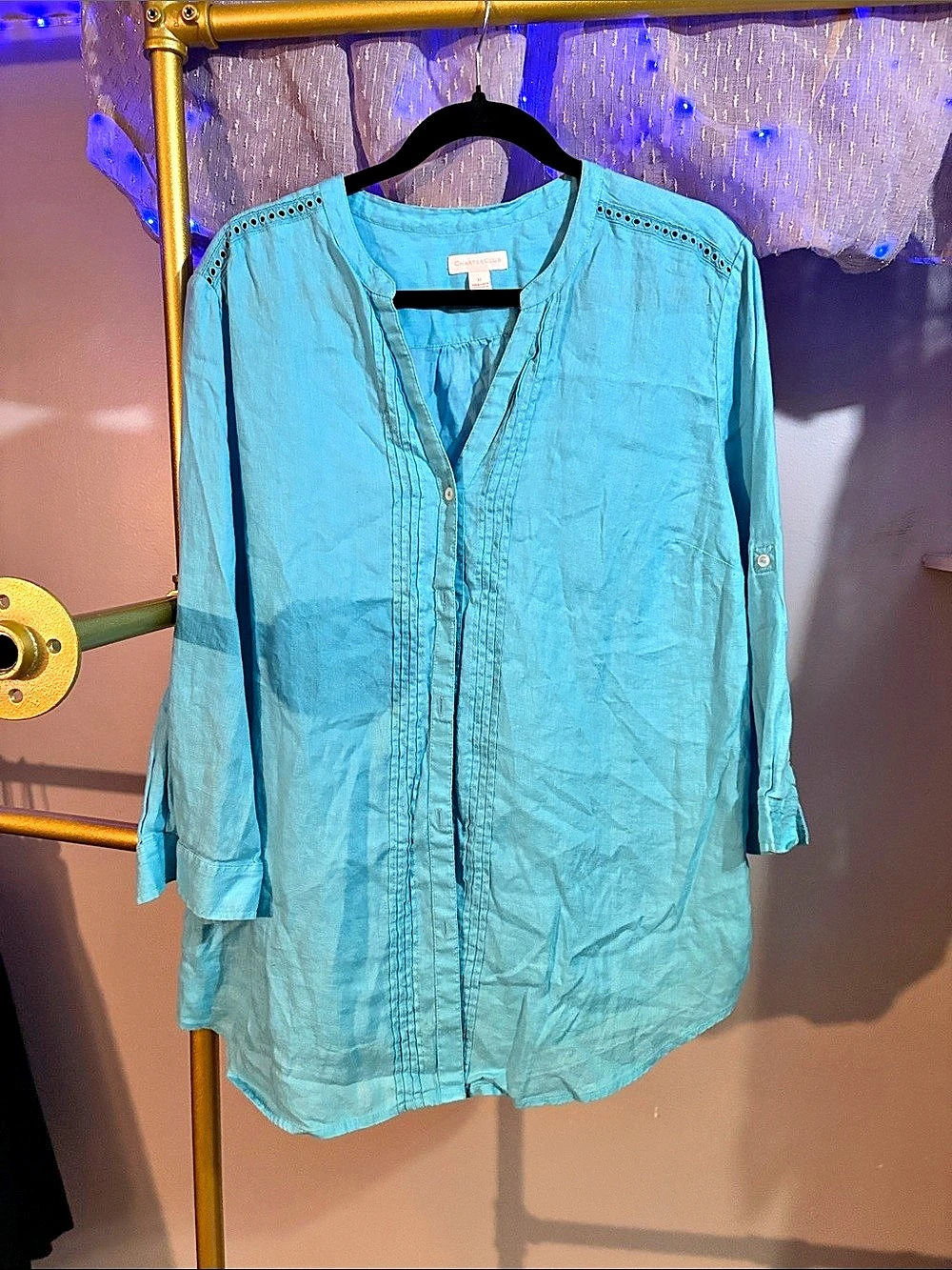 Charter Club Linen Button-Down Shirt in Blue Size XL